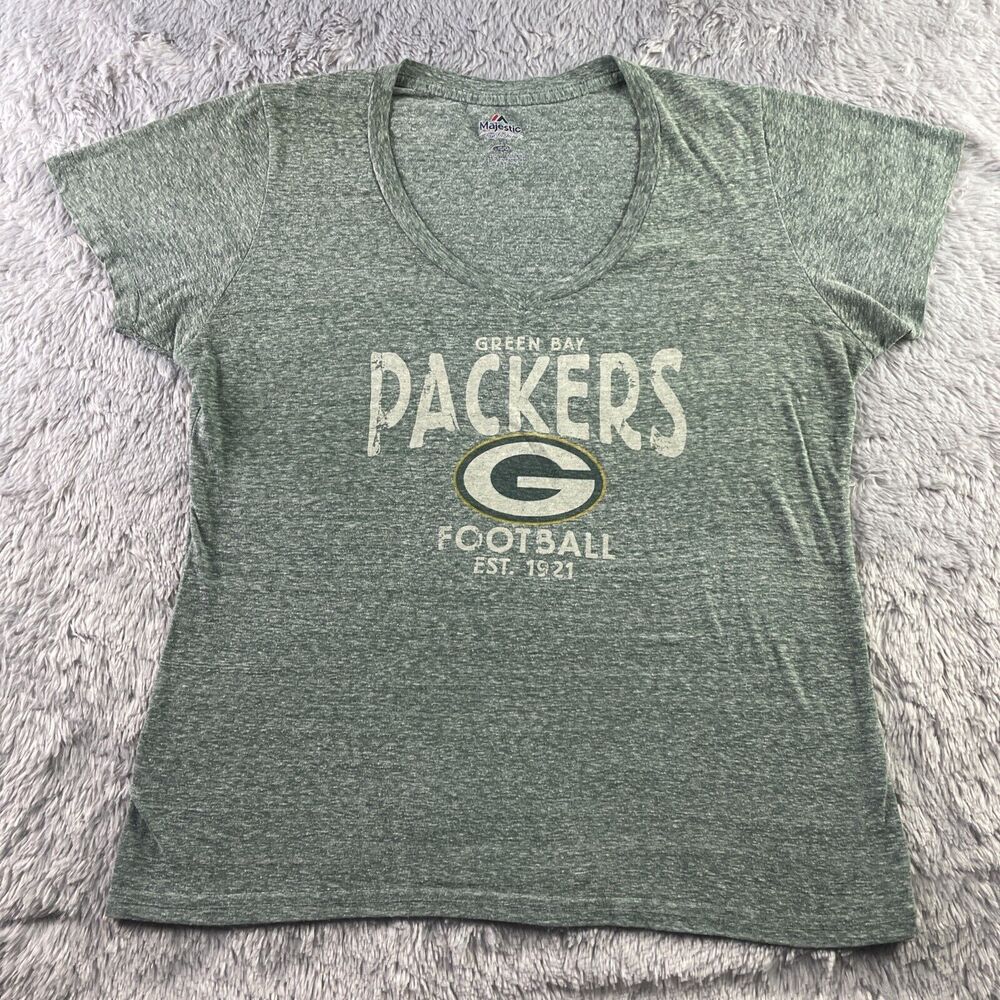 Green Bay Packers Shirt Womens Large Green White Heather Vneck Short Sleeve NFL - Picture 2 of 7